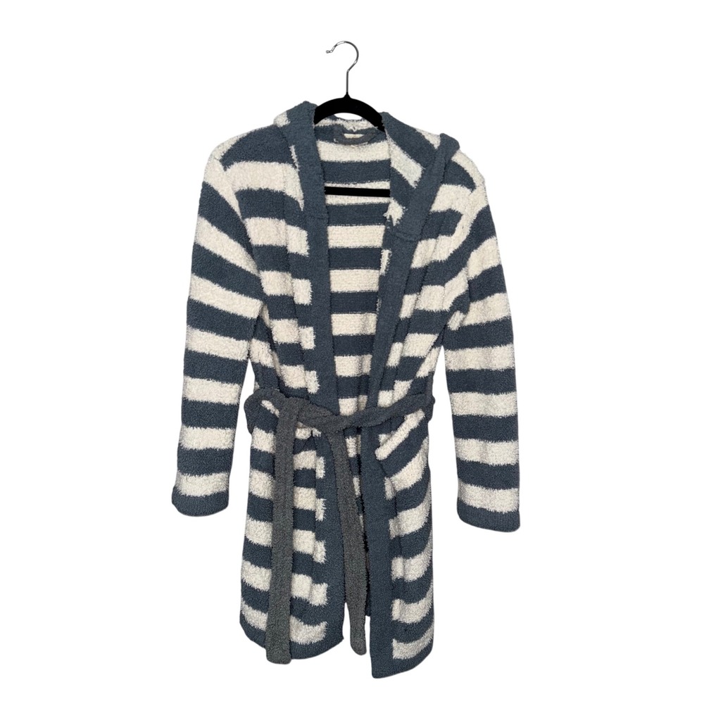 Barefoot Dreams Robe Women 1 Blue White Striped Good CozyChic 578 Hooded